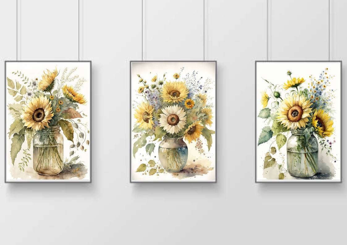 Gfc Black White Yellow Sunflowers Print Picture Poster Gift A4 Unframed Shabby Chic Vase Country Wall Art Home Decor Kitchen Price For Set Of 3