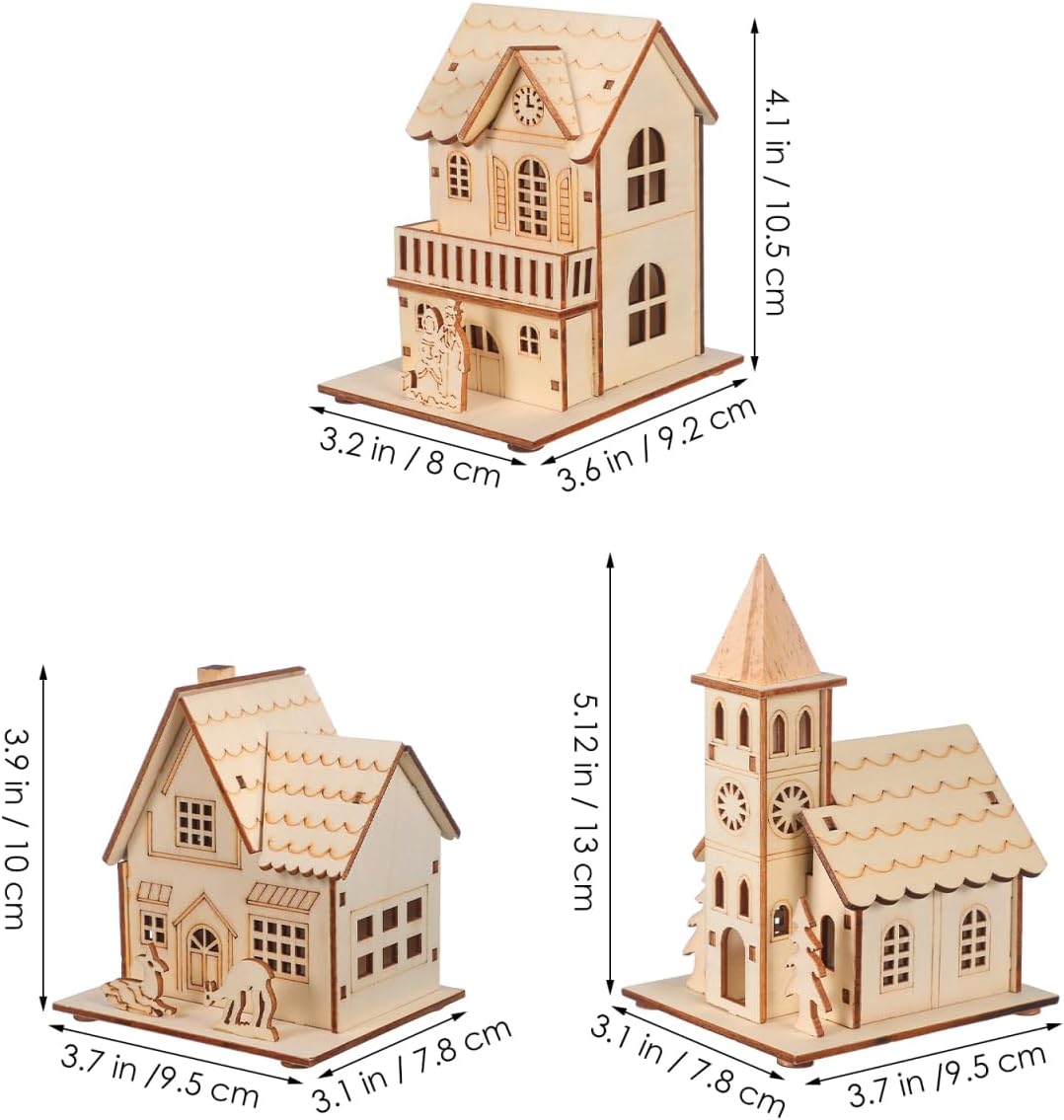 3pcs Christmas Wood Village Christmas Luminous Wooden House LED Luminous House for Christmas Glowing Adornments