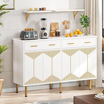 DWVO 55" Sideboard Buffet Cabinet with Storage, Modern Kitchen Storage Cabinet with Doors and Drawers for Hallway, Kitchen or Living Room, White/Gold