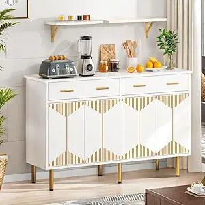 DWVO Modern Sideboard Buffet Cabinet with Storage, 55" Kitchen Storage Cabinet with Doors and Drawers for Hallway, Kitchen or Living Room, White/Gold