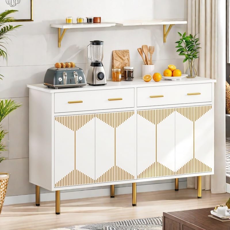 DWVO Modern Sideboard Buffet Cabinet with Storage, 55" Kitchen Storage Cabinet with Doors and Drawers for Hallway, Kitchen or Living Room, White/Gold