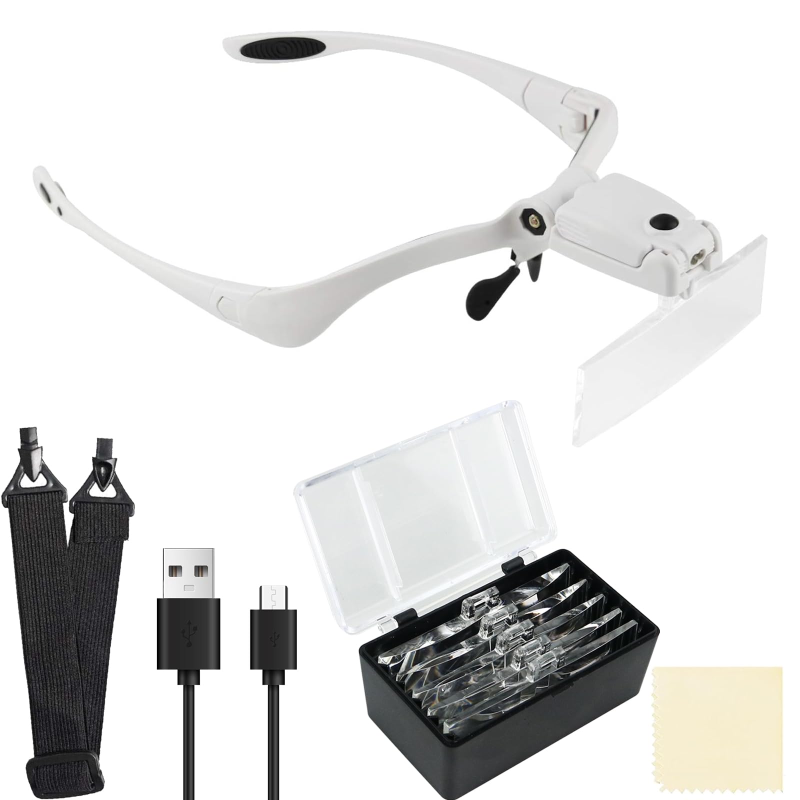 Beileshi Headhand Magnifier Glasses with 2 LED Professional Jeweler's Loupe Light (1x-3.5X Rechargeable White & LED)