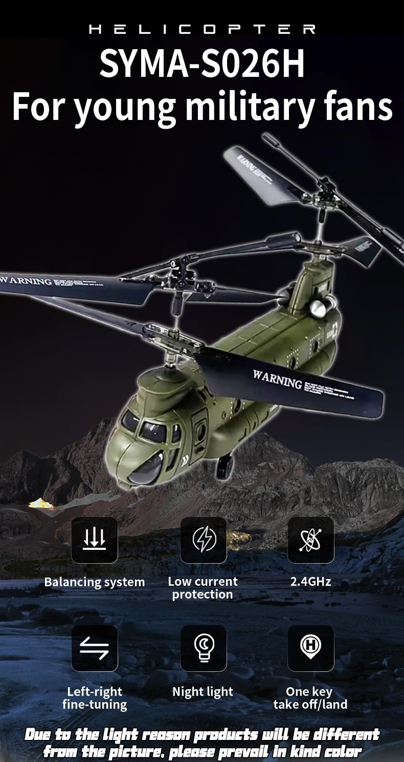 Elicottero radiocomandato militare S026H con giroscopio a due motori, decollo/atterraggio con un pulsante 2.4G 3 canali aerei elicottero per adulti