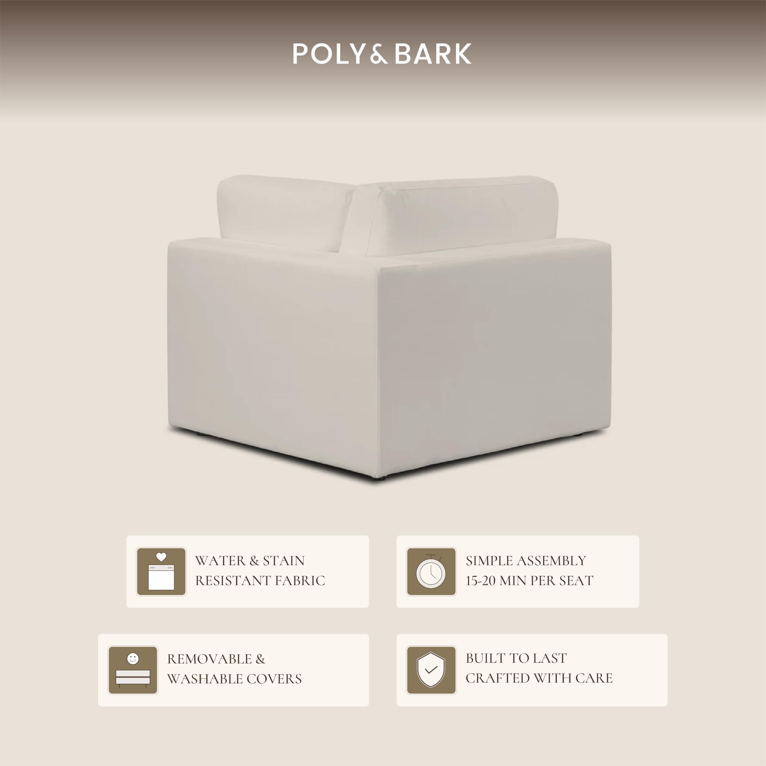 Poly & BARK Vari Modular Right Facing Corner Seat with Arm Cushion in Cotton White Performance Fabric with Water Repellent Washable Covers Plush Comfort for Custom Sectional Sofa Layouts