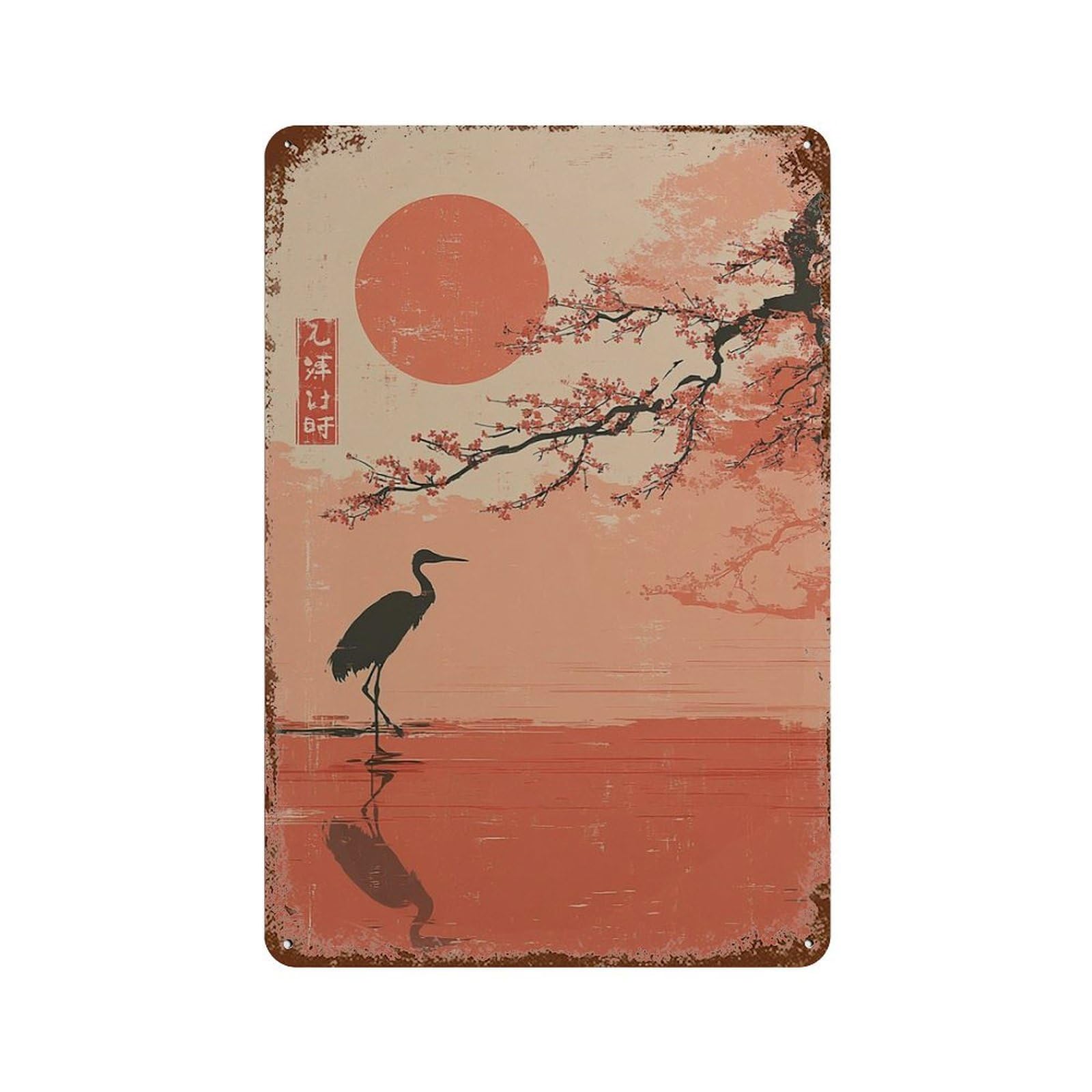 xiaoxiaoshen Cherry Blossom Pagoda Japanese Sunset Crane Minimalist Oriental Wall Decor Art Metal Tin Poster Modern Home Decor Art Home Bar Shop Decorations Vintage Sign 30x20cm