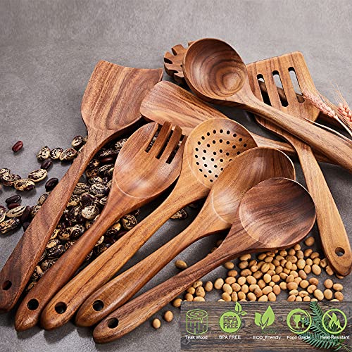 Wooden Kitchen Utensils Set,Gudamaye 9 Pce Wooden Spoons For Cooking,Wooden Cooking Utensils,Natural Teak Wooden Spoons For Non-Stick Pan #TOP5