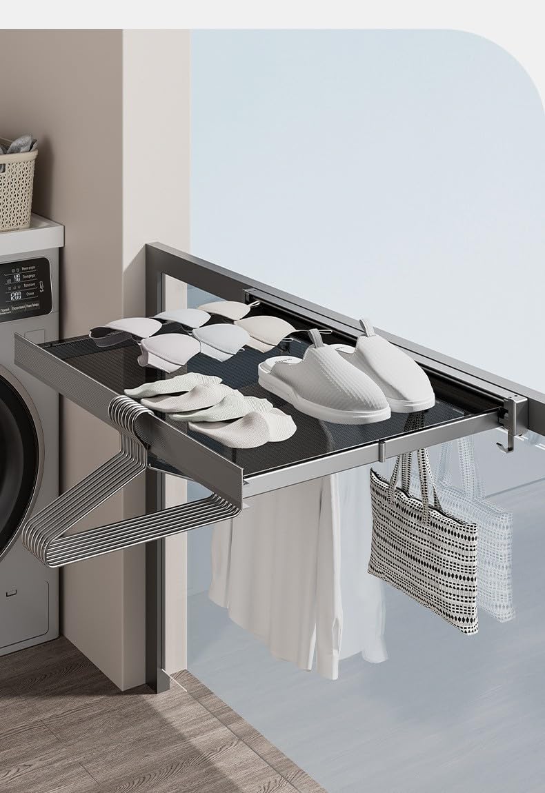 TSINGS Invisible Retractable Wall Mounted Drying Rack 23.62” Mesh Laundry Drying Rack Bathroom Shelf with 8 Hooks, Gray