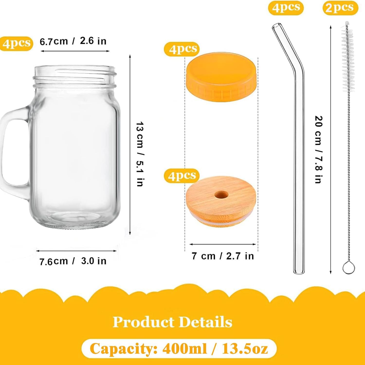 LINCMAN Mason Pot Avec Couvercle Et Paille, 3 Tailles