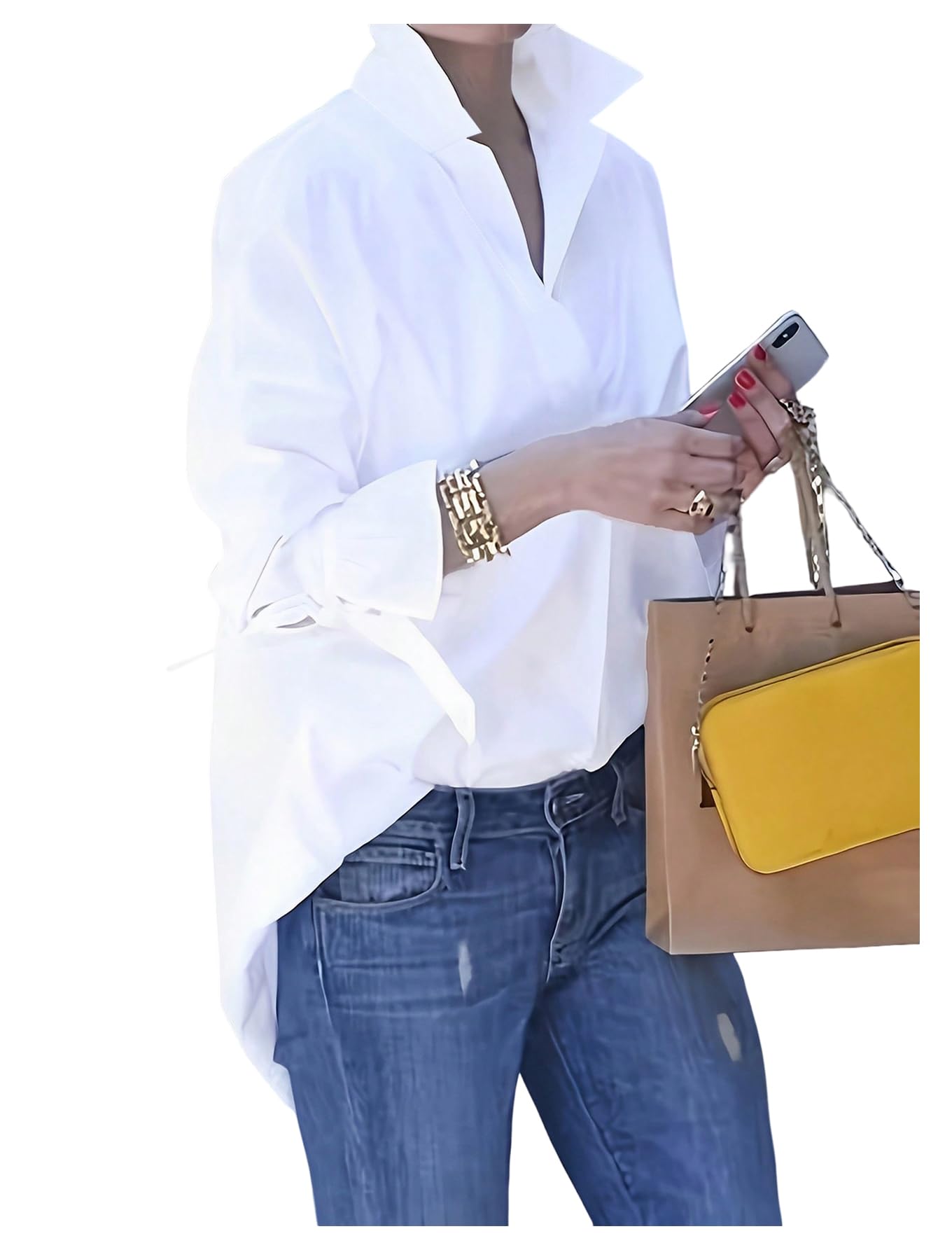 Women's Oversized Shirts Causal Dressy Tie Cuff Long Sleeve Collared Business Work Dress Blouses Tops