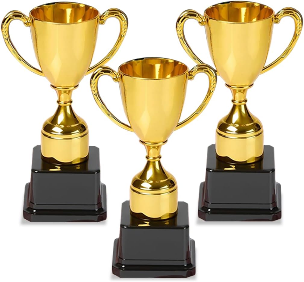 Playbees Fun Gold Plastic Trophies - 3 Pack - 7 Inch - Award Trophy Cup Set for Superstar Kids - Champion Celebrations, Sports Galore, and Victory Vibes - Desktop Toy