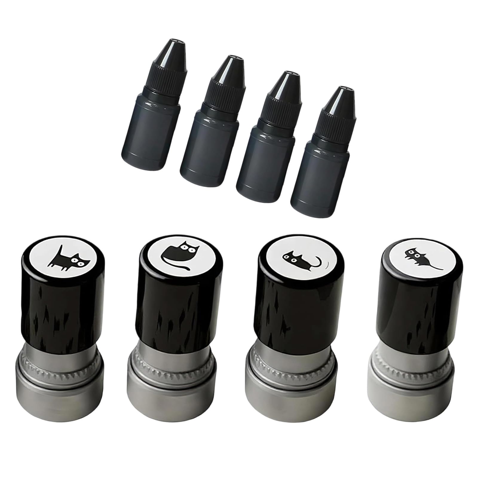 BELOWSYALER Manual Round Stampers with Black Designs, 4 Stamps and 4 Bottles for Scrapbooking, Journaling, Greeting Cards, Envelopes and Rubber Stamp Set Decorative Stampers Paper Craft Supplies