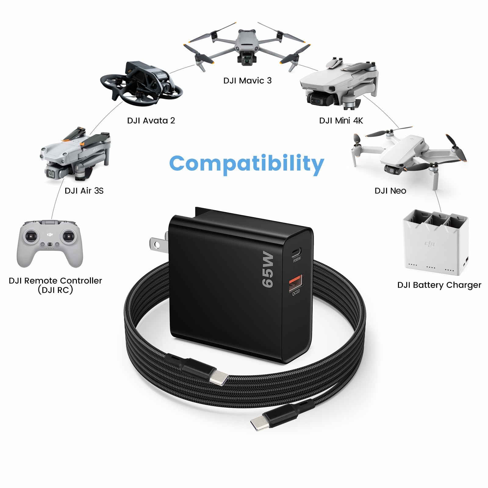 Amazon.com: PD 65W USB C Fast Charger for DJI Neo, Air 3S, Mini 4K
