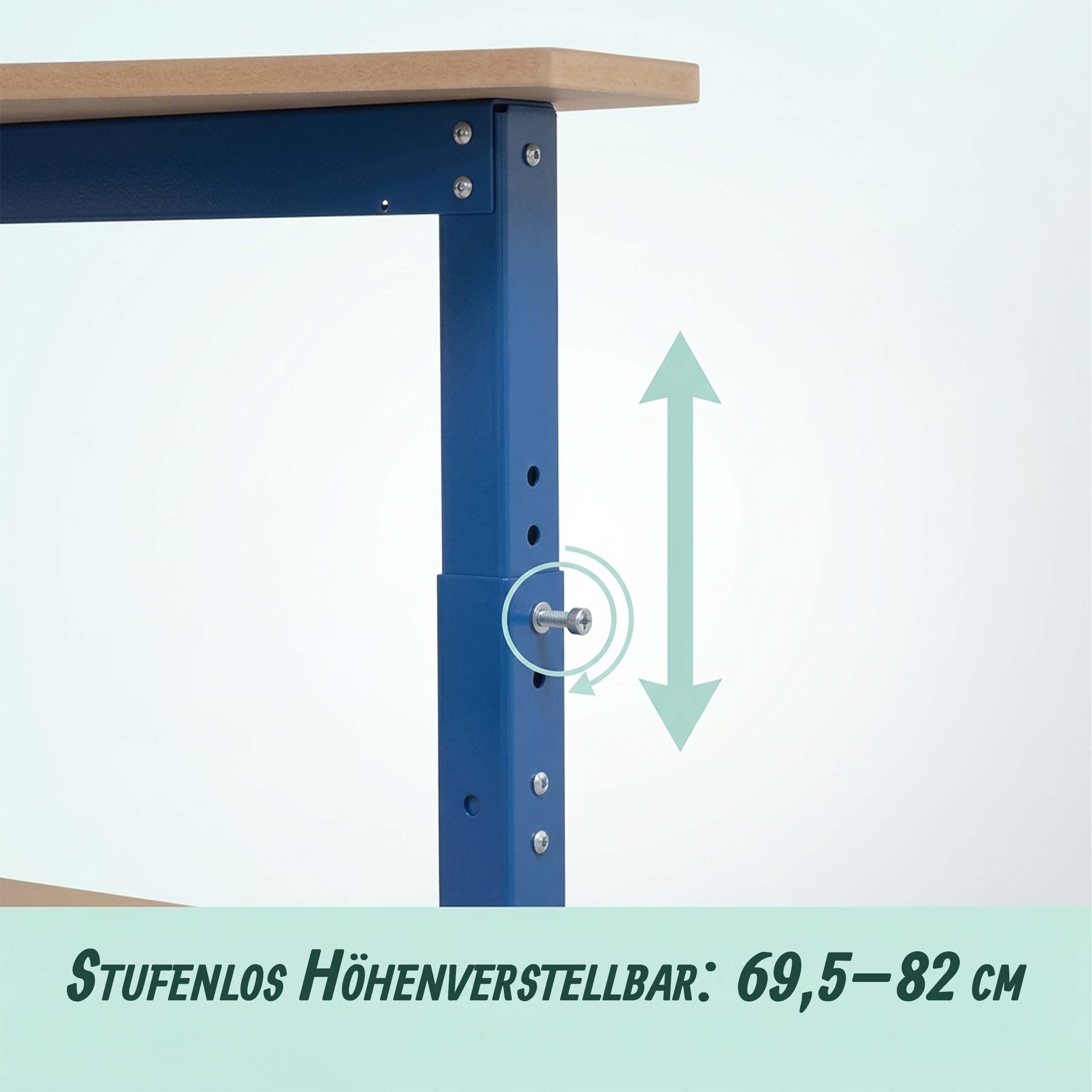 Relaxdays Werkbank, mit Rollen, HBT: 69,5x72,5x50 cm, höhenverstellbar, Werktisch mit Lochwand, Stahl & MDF, blau