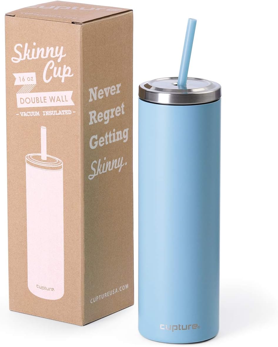 Cupture Stainless Steel Skinny Insulated Tumbler Cup with Lid and Reusable Straw - 16 oz (Powder Blue)