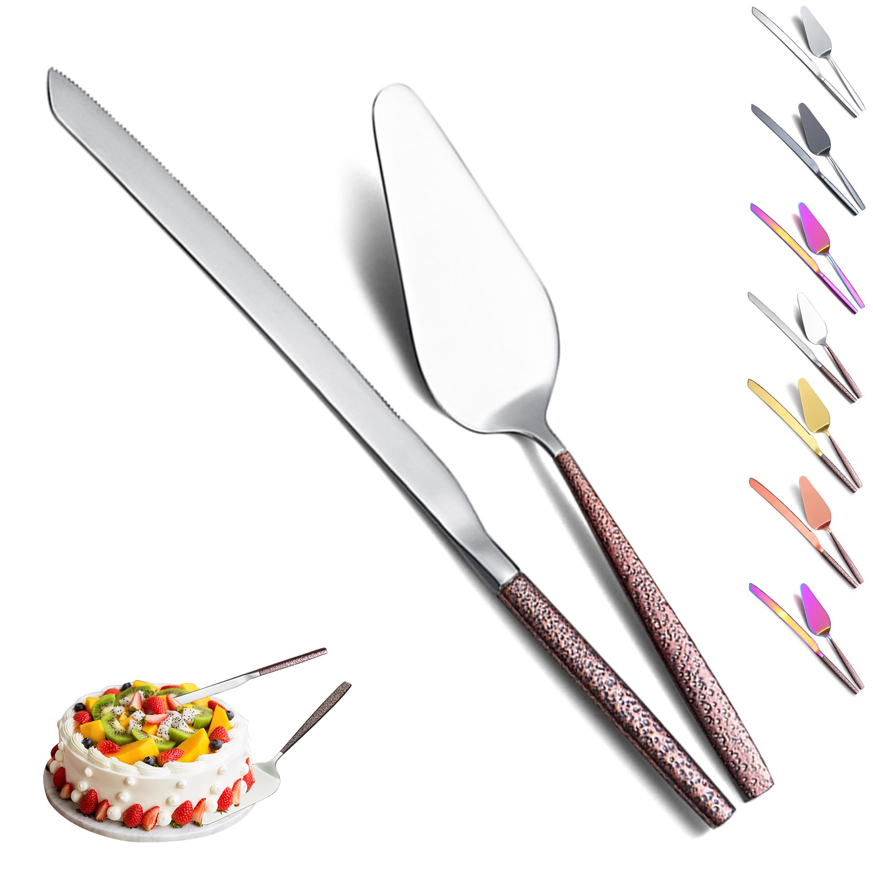 Evanda Wedding Cake Knife and Server Set, Brown Handle And Shiny Silver Head Cake Cutte Pie Server for Everyday, Wedding and Birthdays, Dishwasher Safe