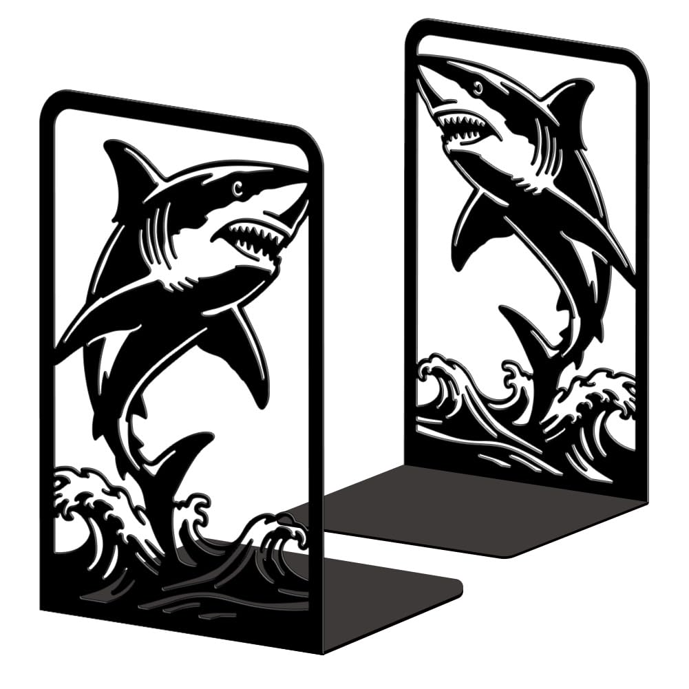 Peacoblue Metal Bookends for Shelves, Modern Decorative Heavy Duty Study Book Ends Stoppers for Office Desk Shelf, Room 5.3"x4.3"x7.9" Cast Iron Tall Bookends 1 Pair (Shark and Waves)