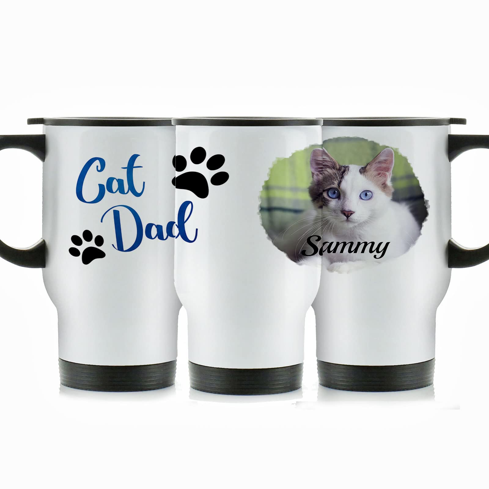 Hairyworm Personalised Travel Mug, 400ml White Stainless Steel Travel Mug with Handle, Customised with Photo 'Cat Dad' Paw Design Print โ image 1