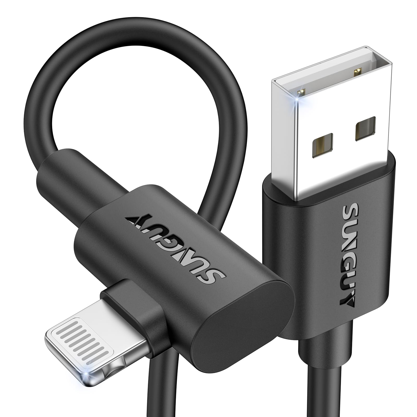 SUNGUY USB-A-zu-Lightning-Kabel 90 Grad, [2er-Pack 0,5 m] MFi-zertifiziertes rechtwinkliges Lightning-CarPlay-Ladekabel, kompatibel mit iPhone 14/13/12/11 Pro Max/XS MAX/XR/XS/iPad/iPod