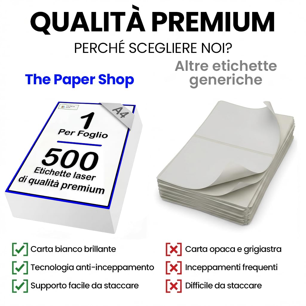 Carta adesiva A4, 1 per foglio, 500 etichette autoadesive per stampanti laser e a getto d'inchiostro, carta bianca per etichette A4 per indirizzi, spedizioni, Logistica di Amazon The Paper Shop