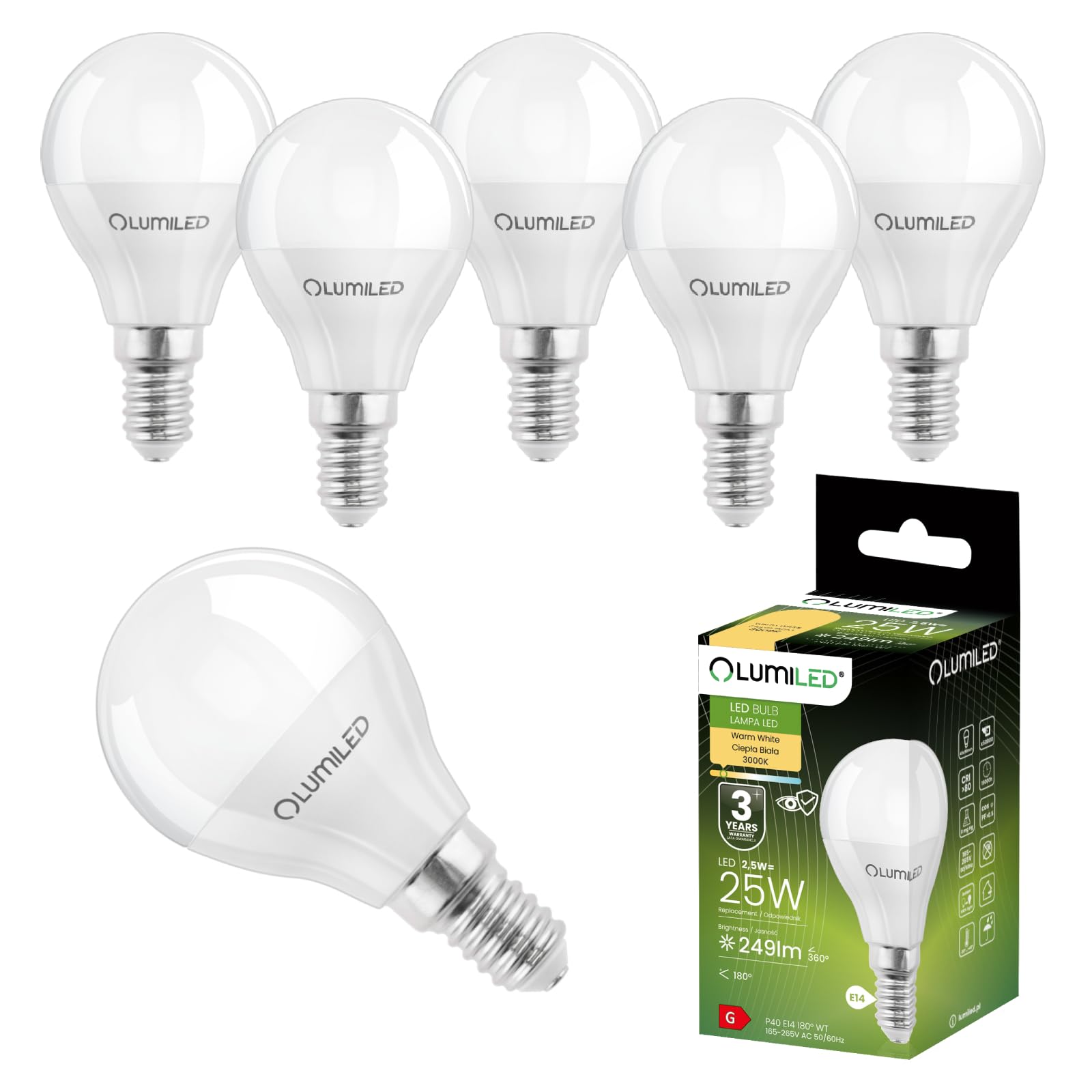 Lumiled LED Lampen E14 P45 2.5W ersetzt 25W 249lm 3000K Warmweiß 180° Abstrahlwinkel 230V Nicht Dimmbar Tropfenform Energiesparlampe 6er Pack – LED Lampe in kleiner Kugelform