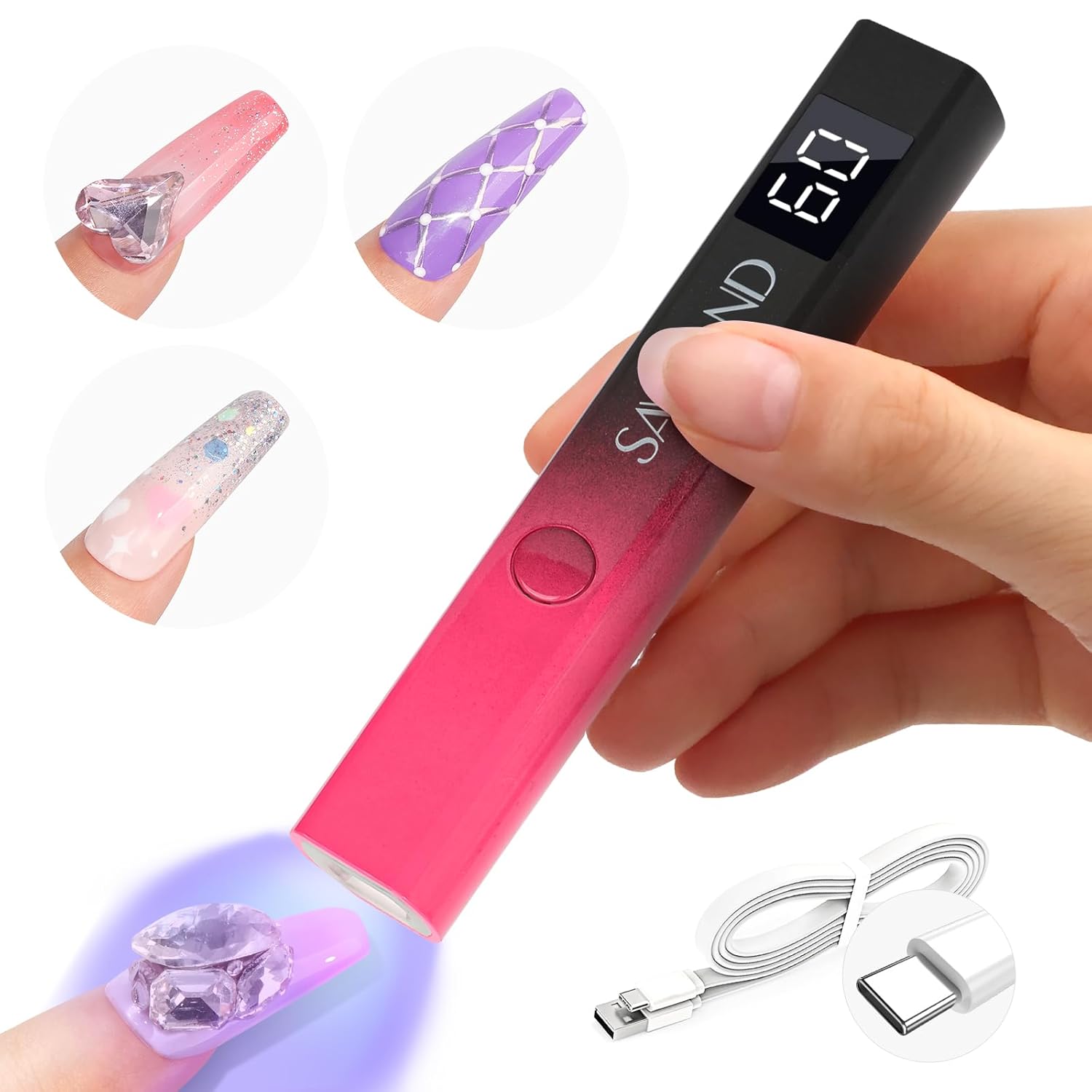 SAVILAND Handheld U V Light for Nails: 12W Purple Mini UV Light for Gel Nail 3 Timer Setting LED Nail Lamp 400mAh Rechargeable Type-c USB LCD Display Screen Nail Dryer for Home Personal DIY Self Use