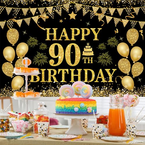 Image of 90th Birthday Decorations for Women Men - Happy 90th Birthday Banner Decorations Black Gold Welcome Background Sign for Cheers 90 Years Birthday Party Supplies Decor Indoor Outdoor (71 x 45 inch)