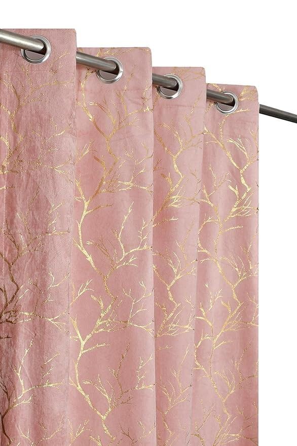 Image of Premium Heavy Velvet Fabric Foil Tree Design Room Darkening and 76% Blackout Curtains for Window 5 Feet, Pink, 1 Piece Curtain