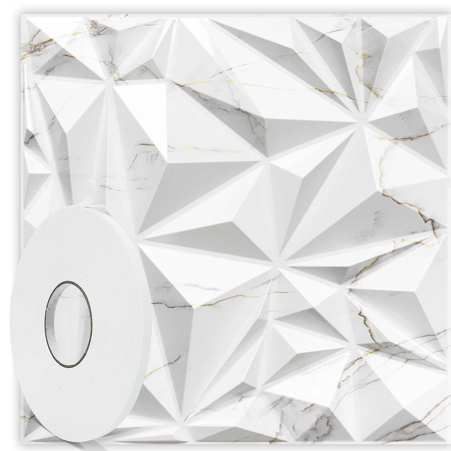 STICKGOODiamond 3D Wall Panels for Interior Wall Decor, White Marble Mixed Gold Thread 3D Wall Panels, Accent PVC Wall Panels for Living Room, Lobby, Bedroom, Pack of 12 Tiles