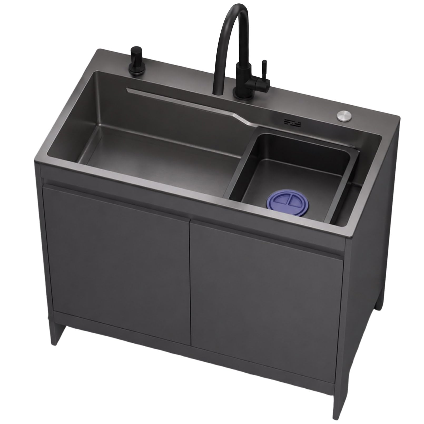 Lavello da Esterno Nero 68cm con Mobiletto, Lavandino da Giardino Freestanding in Acciaio Inox con Sifone e Accessori, Per Giardino, Garage, Lavanderia e Cantina