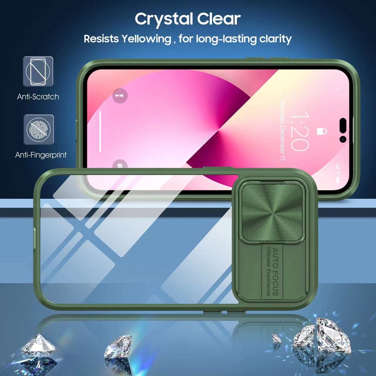 Custodia IPhone 13 Pro Con Protezione Fotocamera Scorrevole | Ultra Sottile | Antiurto | Verde Scuro