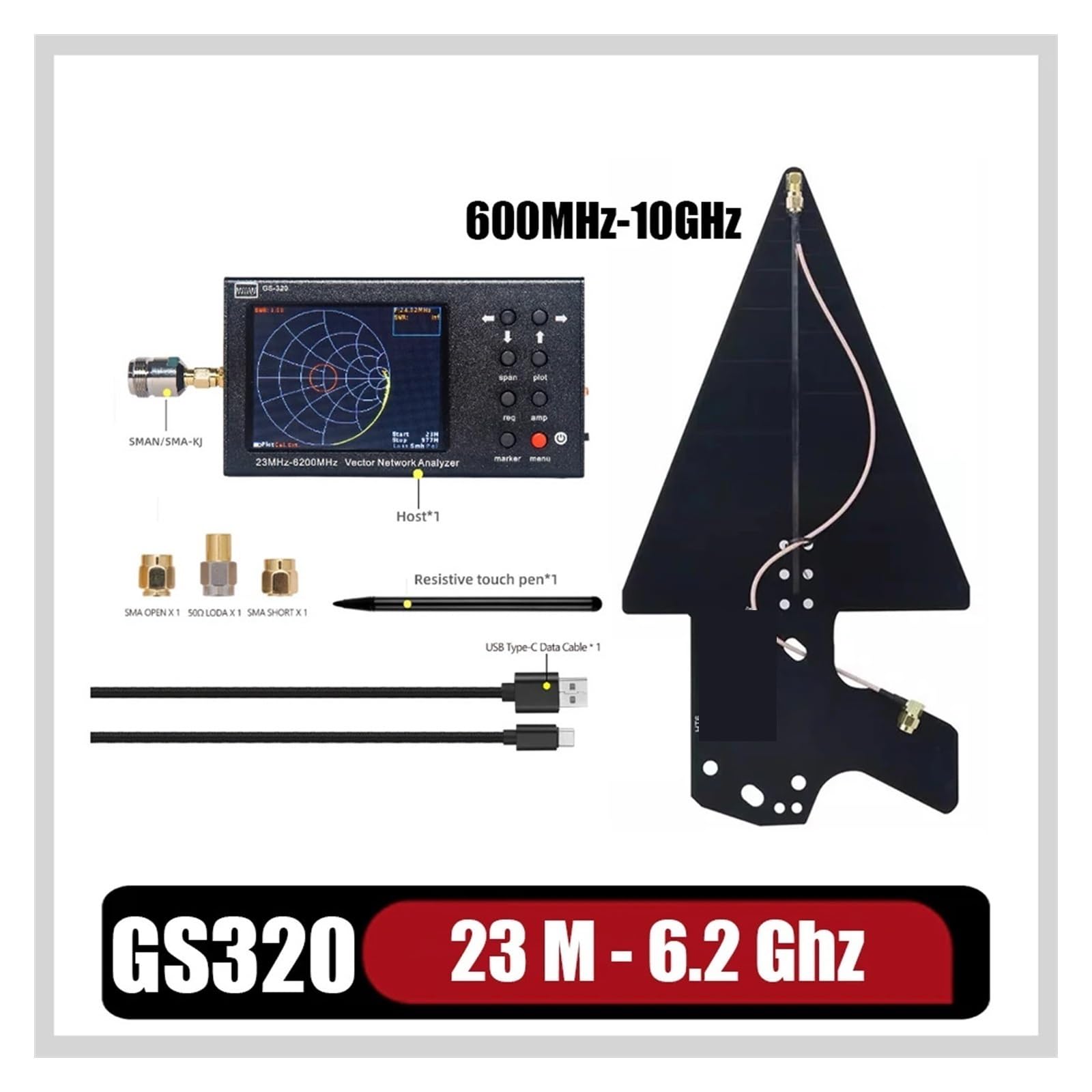 Analizator sieci wektorowych GS320 6 GHz HT6 Antena logarytmiczna okresowa Pomiar napięcia Współczynnik fali stojącej 6-9 dB EMC Szerokopasmowy