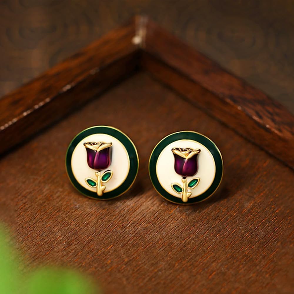 Vintage Colored Enamel Rose Flower Stud Earrings, 18K Gold Plated with 925 Silver Post, Elegant Floral Design - Image 5