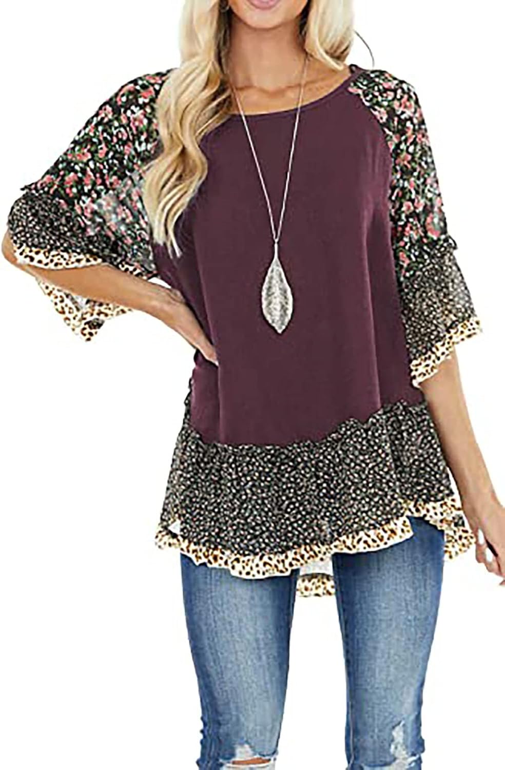 CASURESS Women's Floral Printed Ruffle 3 4 Sleeve Shirt Batwing Loose Tops Blouses Pullover - Image 6