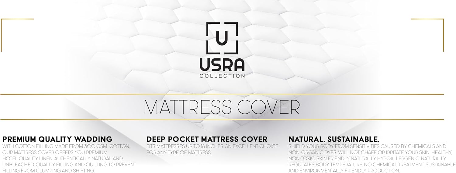 USRA Waterproof 100% Cotton Full Mattress Topper Protector Cover - 300 GSM Quilted Non-Toxic 18" Deep Premium Quality Thick Soft Pad for Mattress - Oeko-TEX Certified