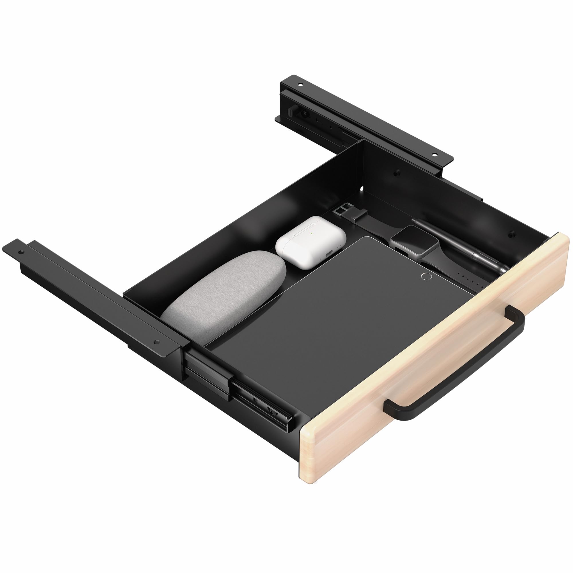 VIVO 13 inch Under Desk Slide Out Storage Organizer, Pull Handle Drawer, Light Wood Front, Black Interior, DESK-DR1H-C