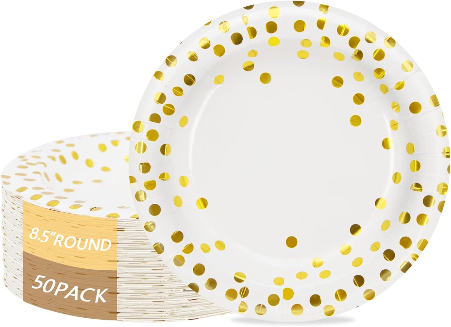Birthdayparties White and Gold Paper Plates 8.5 inch, Foil Polka Dots Disposable