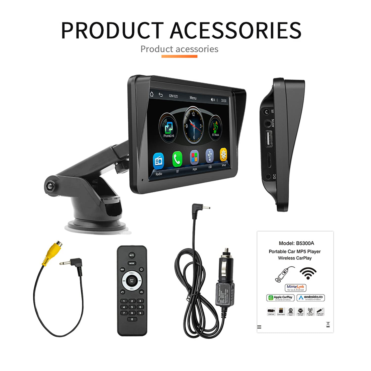 Schermo tattile Portatile Wireless Carplayer e Android Auto, Autoradio da 7 Pollici con Mirror Link/Bluetooth/Trasmettitore FM/USB/TF/Telecomando