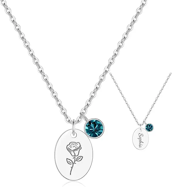 Personalized Birth Flower Necklace with Name Engraving - Silver, Rose Gold, Gold