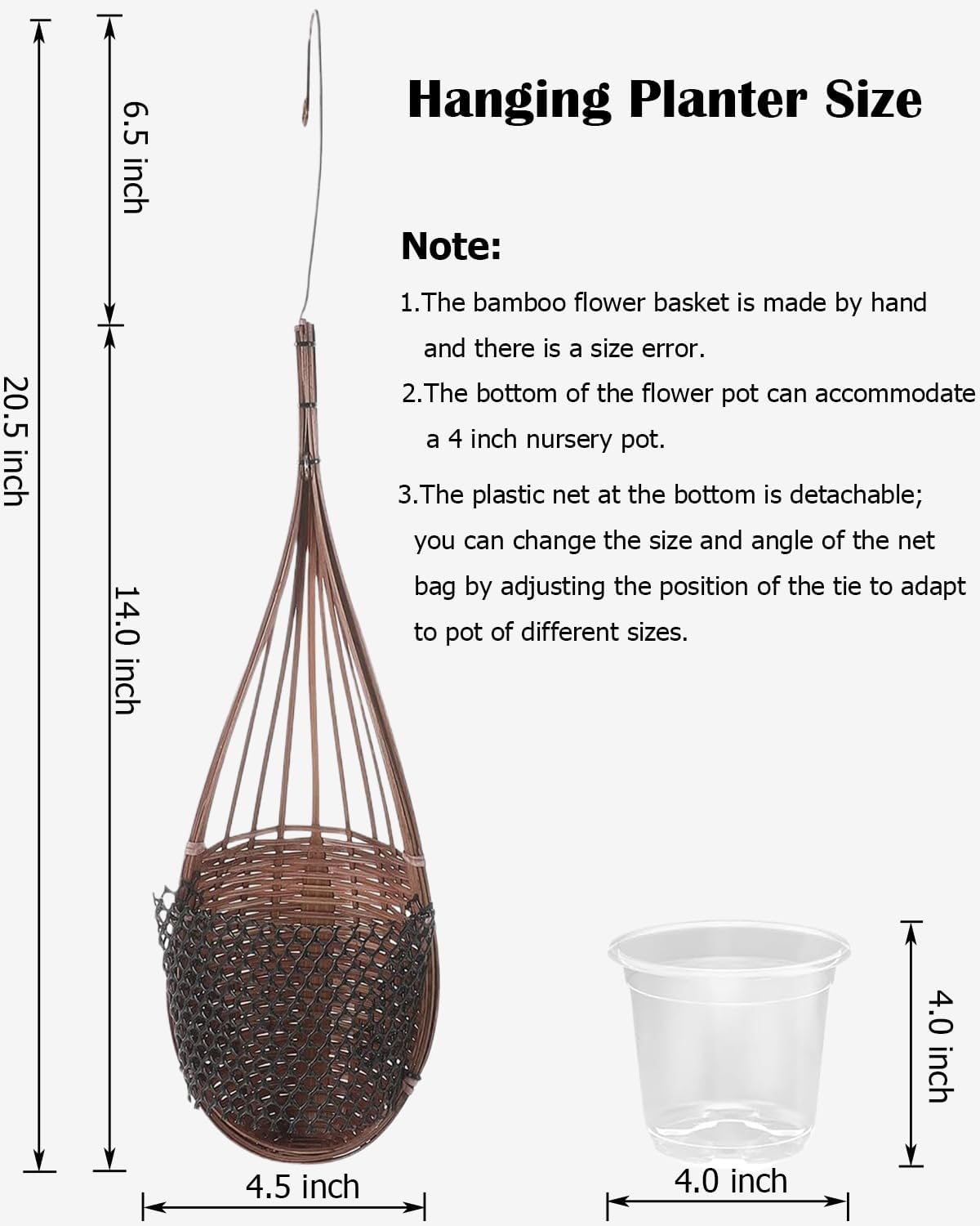 Hanging Orchid Planter: 3 Pack Wall Plant Pot with Adjustable Hook Breathable - 4 Inch Handmade Bamboo Flower Basket for Indoor Window Balcony Corridor Railing Garden Fence - Brown