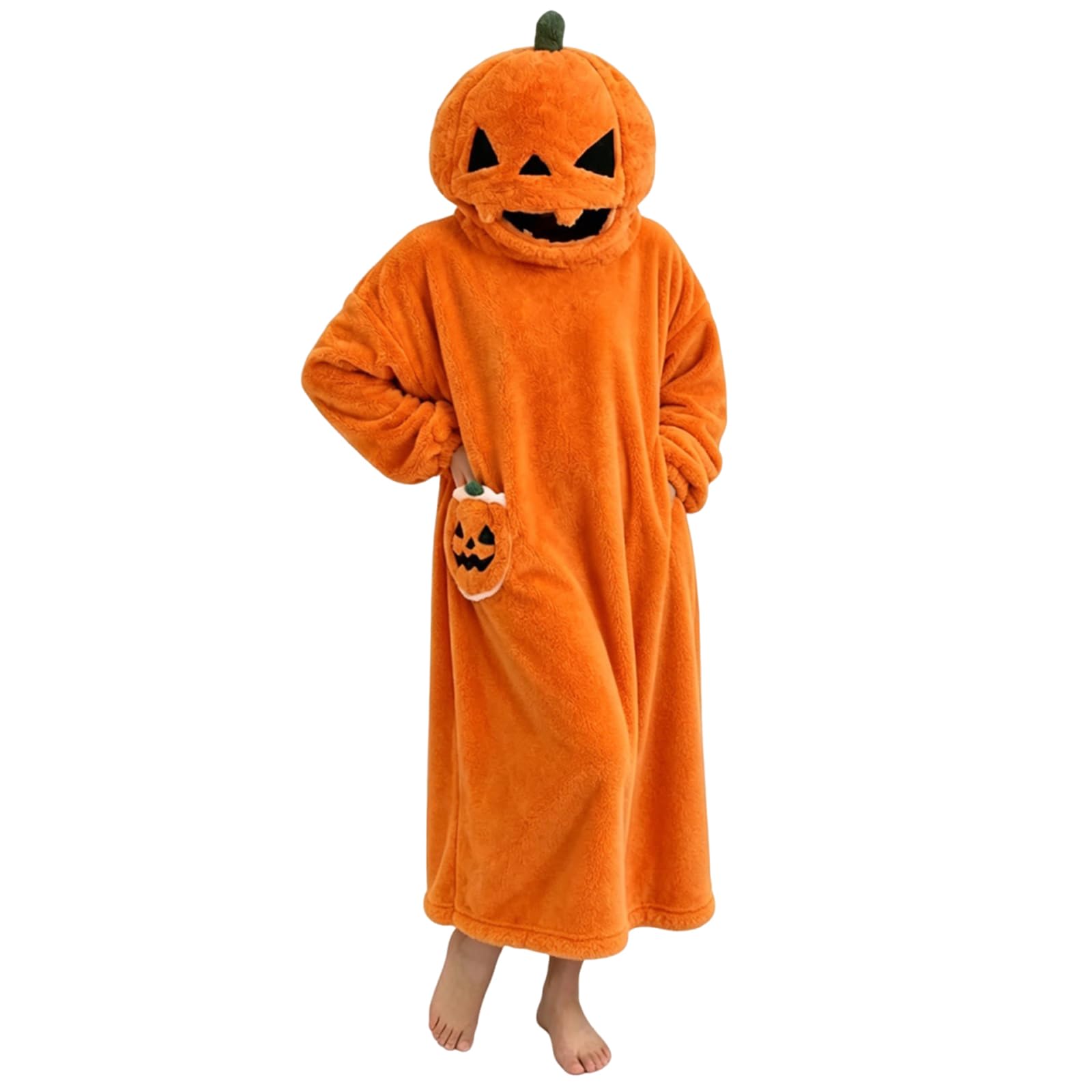 Generisch Damen Nachtkleid mit Kapuze Pumpkin Langarm Knielang Locker Geschnitten Hauskleid Schlafkleid aus weichem Fleecestoff