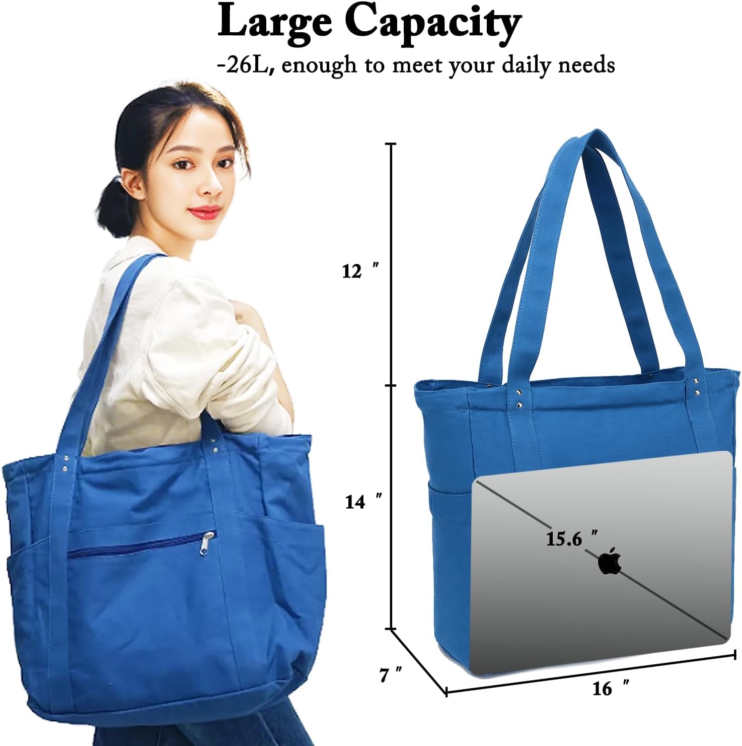 Large Canvas Tote Bag for Women with Zipper & Compartments, Crossbody Laptop Bags for Work College Travel - Image 7