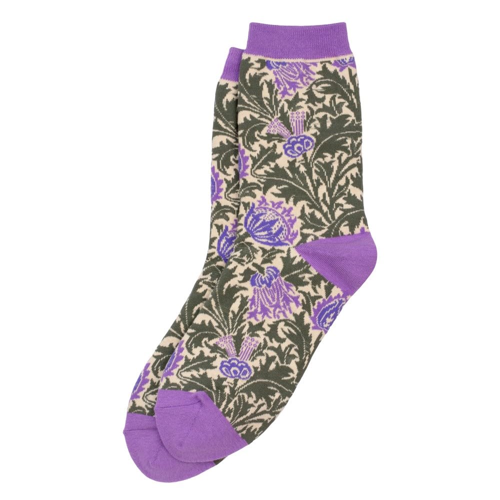 JOE COOL Women's Patterned Cotton Blend Socks - William Morris Thistle Design, Ribbed Cuff, Lilac Purple, Olive Green and Ivory - One Size - Snug Fit Comfort - Perfect for Everyday Wear