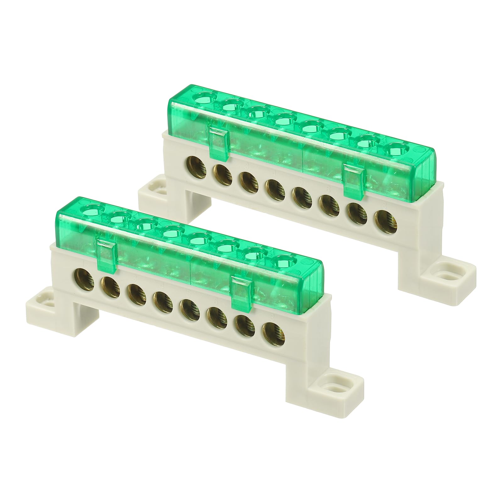 sourcing map 2Pcs Terminal Ground Bar, 8 Positions Screw Brass Terminal Bus Bar, 7x11mm Ground Block for Electrical Equipment, Distribution Box, Green