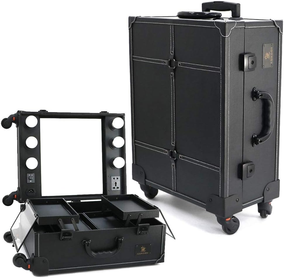 Wheeled Makeup Case with 6 Bulbs Lights Cosmetic Train Case Beauty Travel Box Black