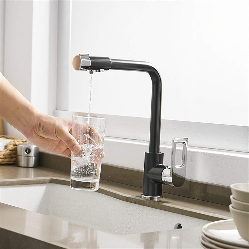 IUokLU Kitchen Faucets Black with Chrome Drinking Water Filter Faucets Sink Mixer Tap 360 Swivel with Aerator Deck Mounted Filtered for Kitchen 3 Way