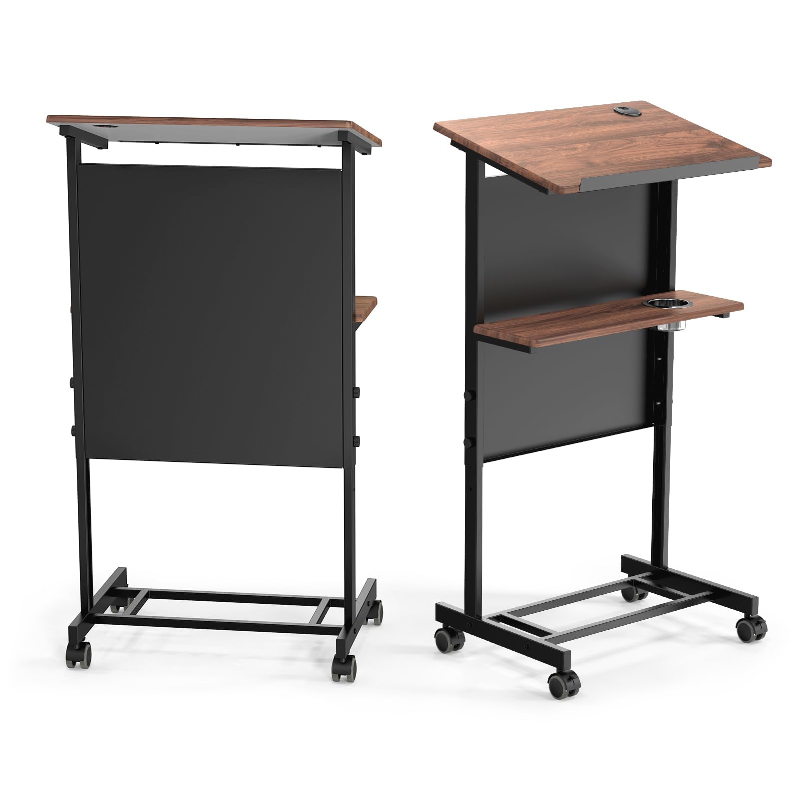 Bonnlo Height Adjustable Portable Podium Stand, Wheeled Lectern with Storage Shelf, Rolling Pulpits with Edge Stopper for Church, Ceremony, Classroom Lecture Speech Teach Platform (Brown & Black)