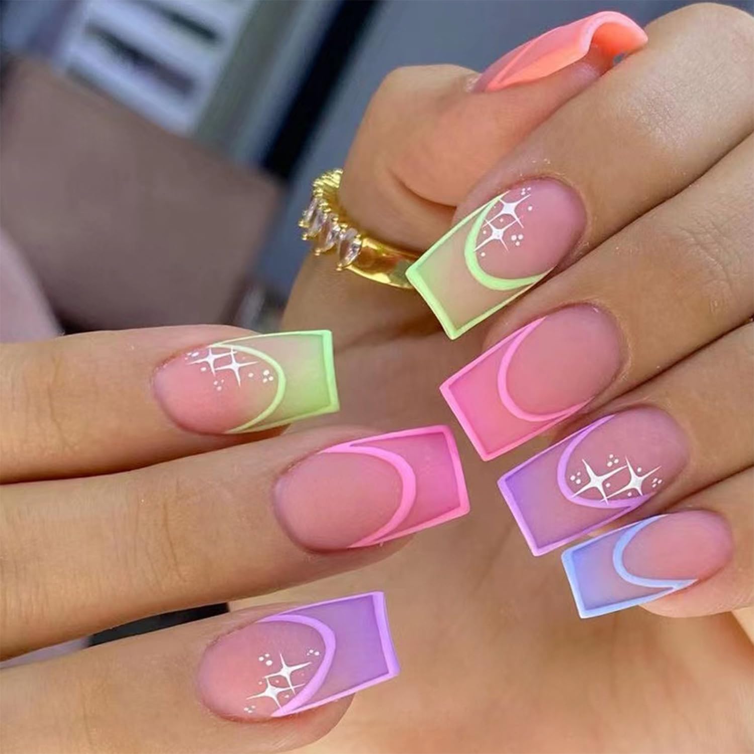 Multicolor French Tip Press on Nails Medium Square Fake Nails White Star Acrylic Nails Design Reusable Artificial Stick on Nails Natural Fit Glue on