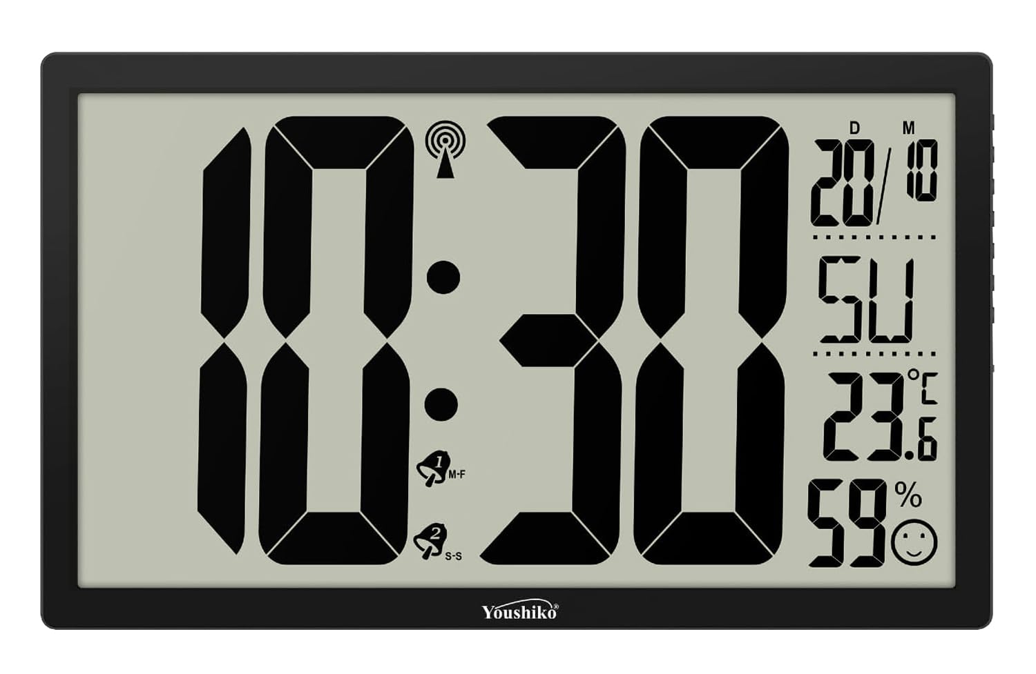 Youshiko XXL 14.76'' Jumbo LCD Radio Controlled (Official 2026 UK & Ireland Version) Silent Wall Clock with Temperature and Humidity display