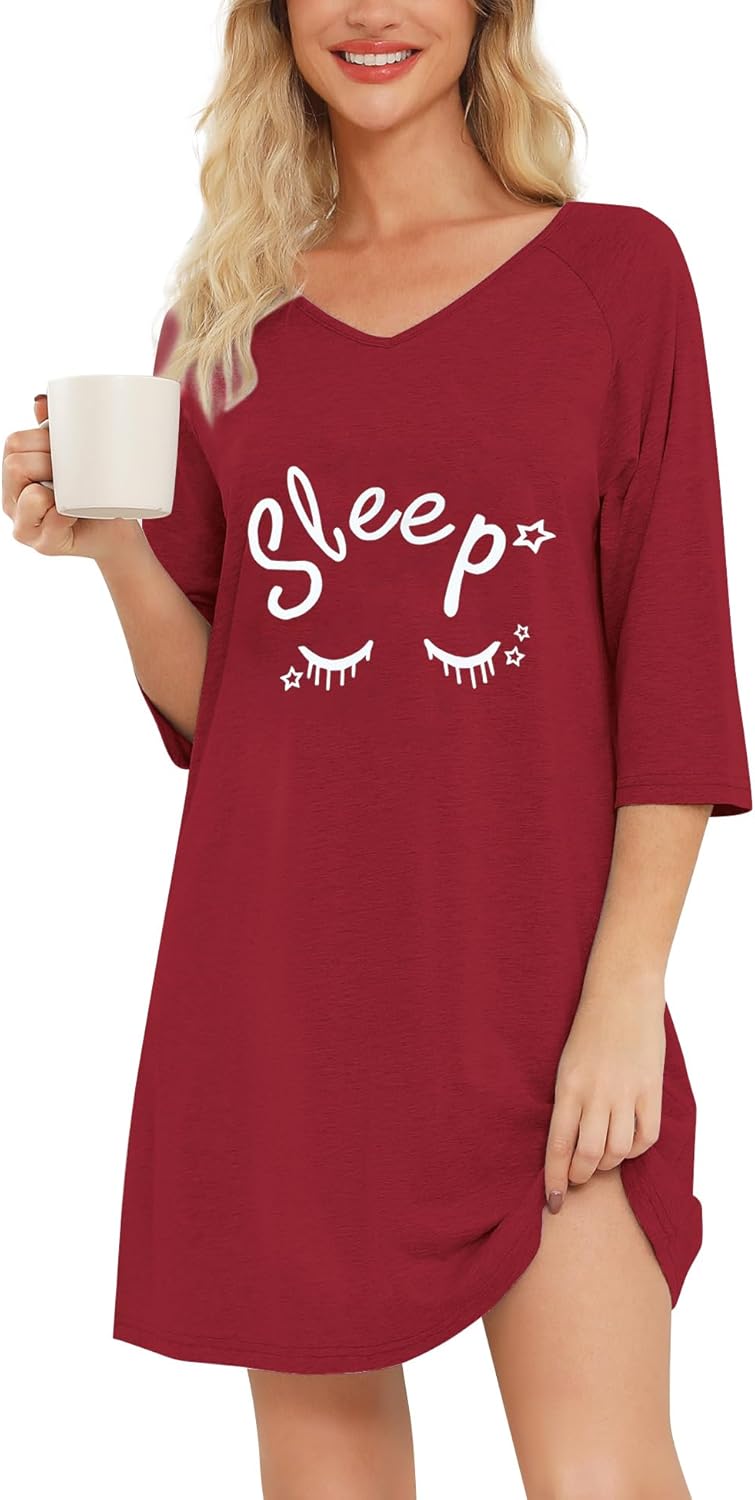 MIA LUCCE Nachthemd voor dames, lange mouwen, nachthemden, nachtkleding, katoen, slaapshirt, slaapjurk, huisjurk, damesnachthemd, zacht en licht, loungewear, nachtjurk voor vrouwen, Wijn Rood Alfabet