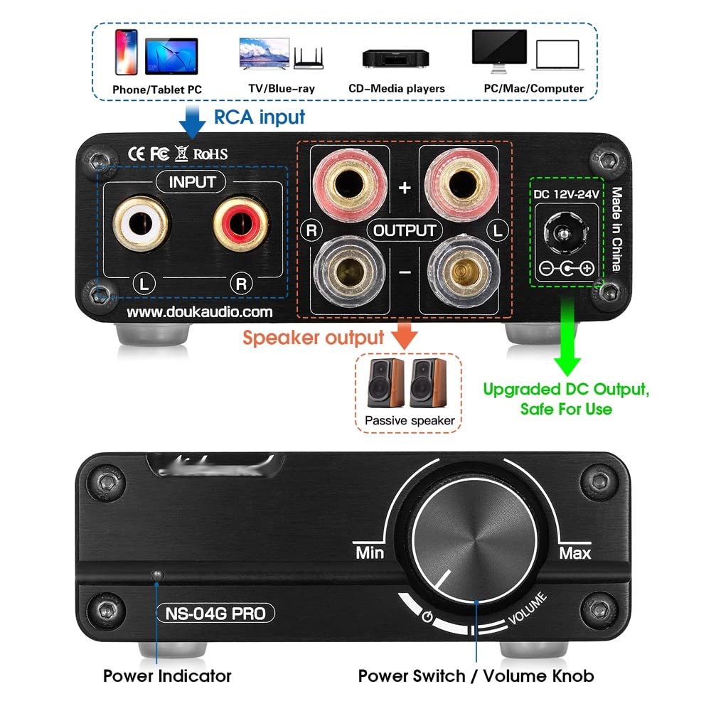 DLOETT Mini Amplificateur d'alimentation numérique HiFi Stéréo 2.0 Channel Classe D Amplificateur audio de bureau domestique 100W+100W